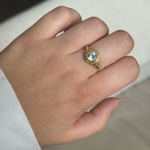 14k solid gold filigree engagement ring, clear topaz sz: 6.5